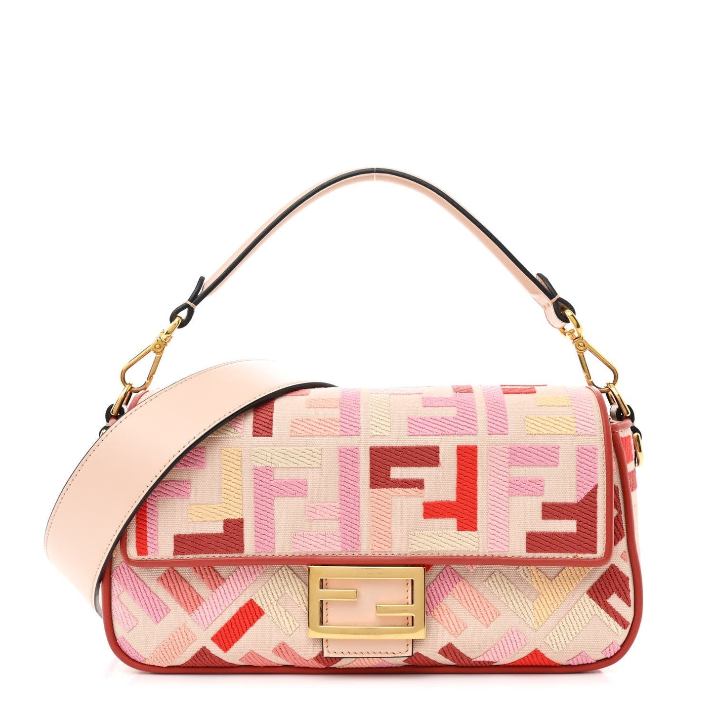 Canvas Vitello King FF Embroidered Baguette Rosa Quarzo Bloody Mary Multicolor