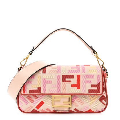 Canvas Vitello King FF Embroidered Baguette Rosa Quarzo Bloody Mary Multicolor