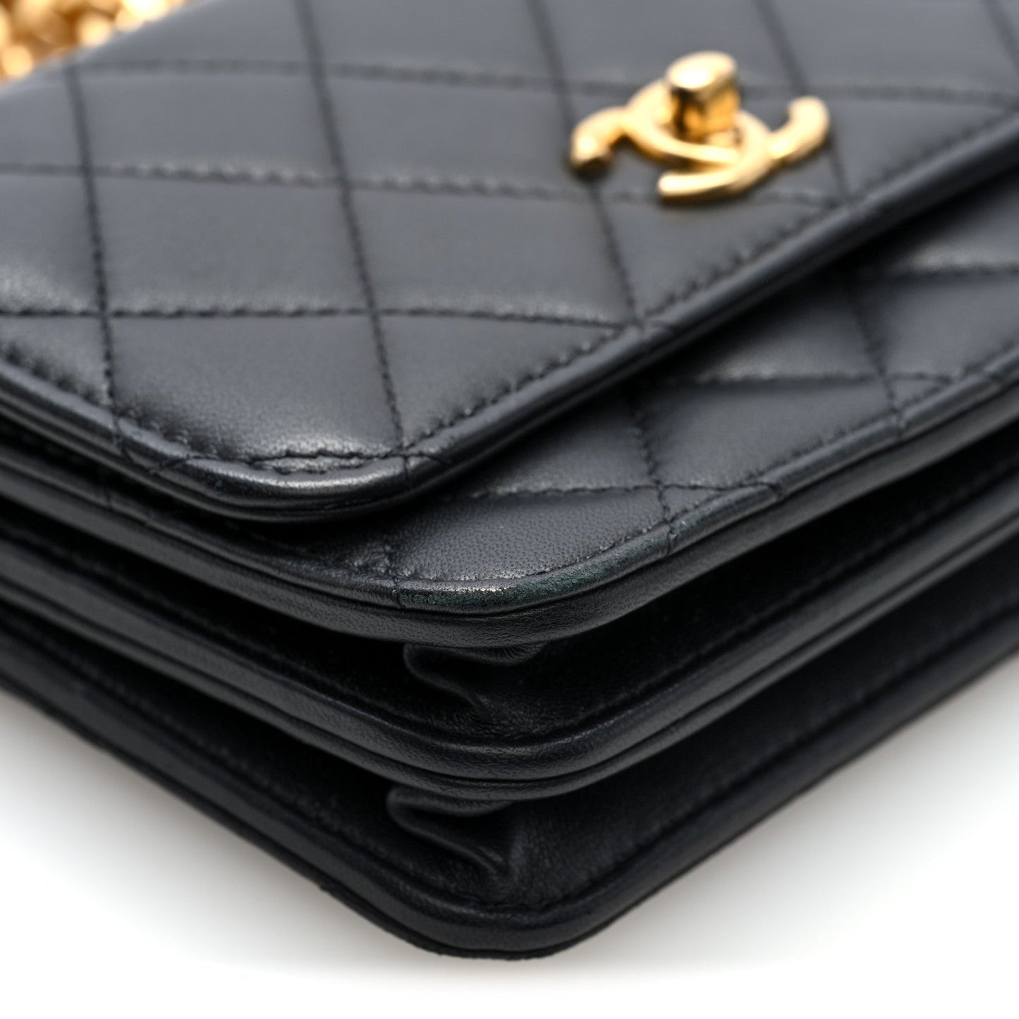 Lambskin Quilted Mini Sweet Camellia Wallet on Chain WOC Black