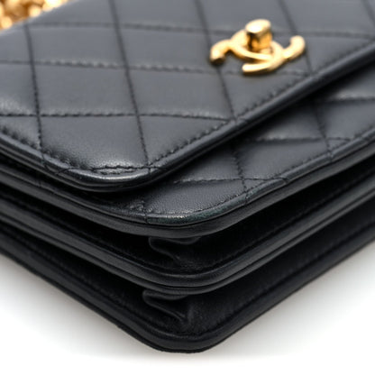 Lambskin Quilted Mini Sweet Camellia Wallet on Chain WOC Black