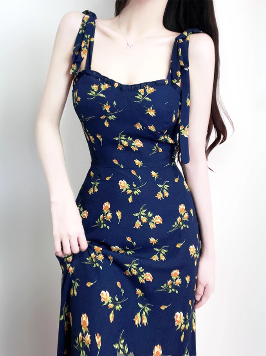 2025 Summer New French Retro Floral Beach Seaside Holiday Suspender Dress R0932