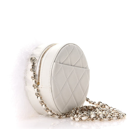 Lambskin Fur Quilted Round Clutch With Chain Ivory