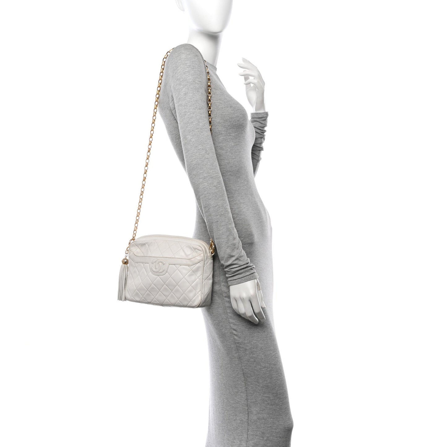 Lambskin Quilted Tassel Camera Case White