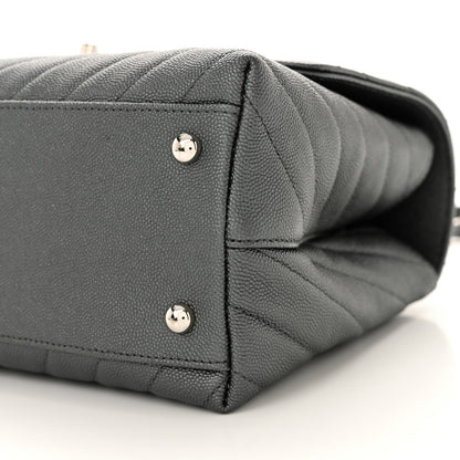Metallic Caviar Chevron Quilted Small Coco Handle Flap Dark Silver