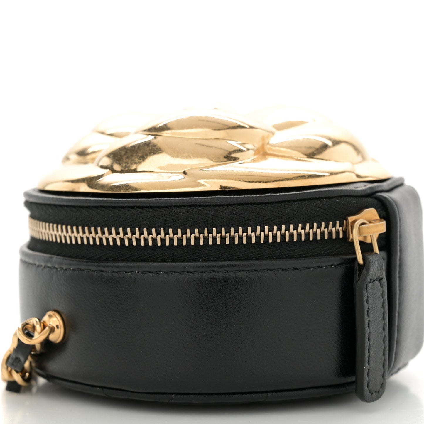 Metallic Lambskin Quilted Camelia Clutch Gold Black