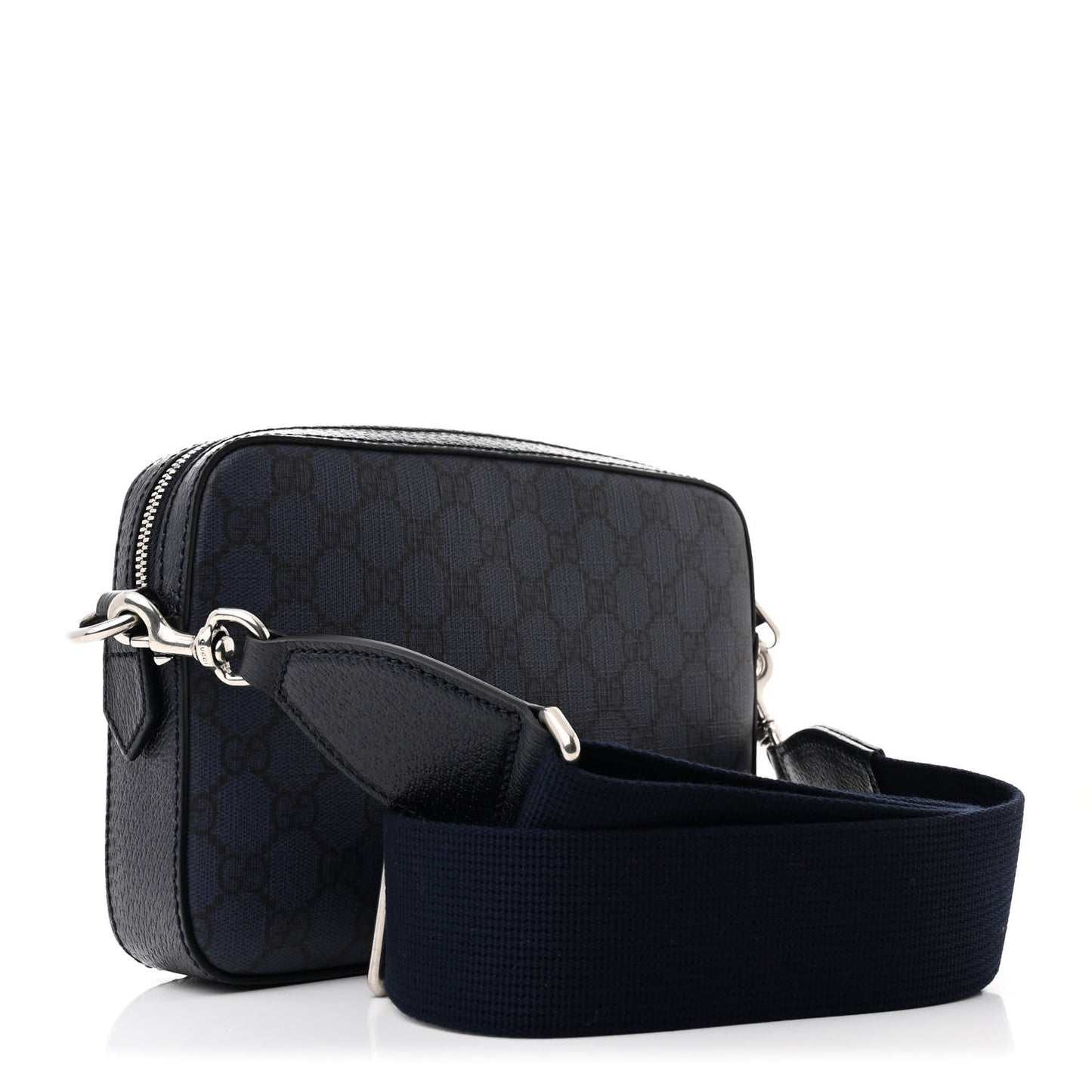 GG Supreme Monogram Textured Dollar Calfskin Web Ophidia Wristlet Shoulder Bag Black Blue