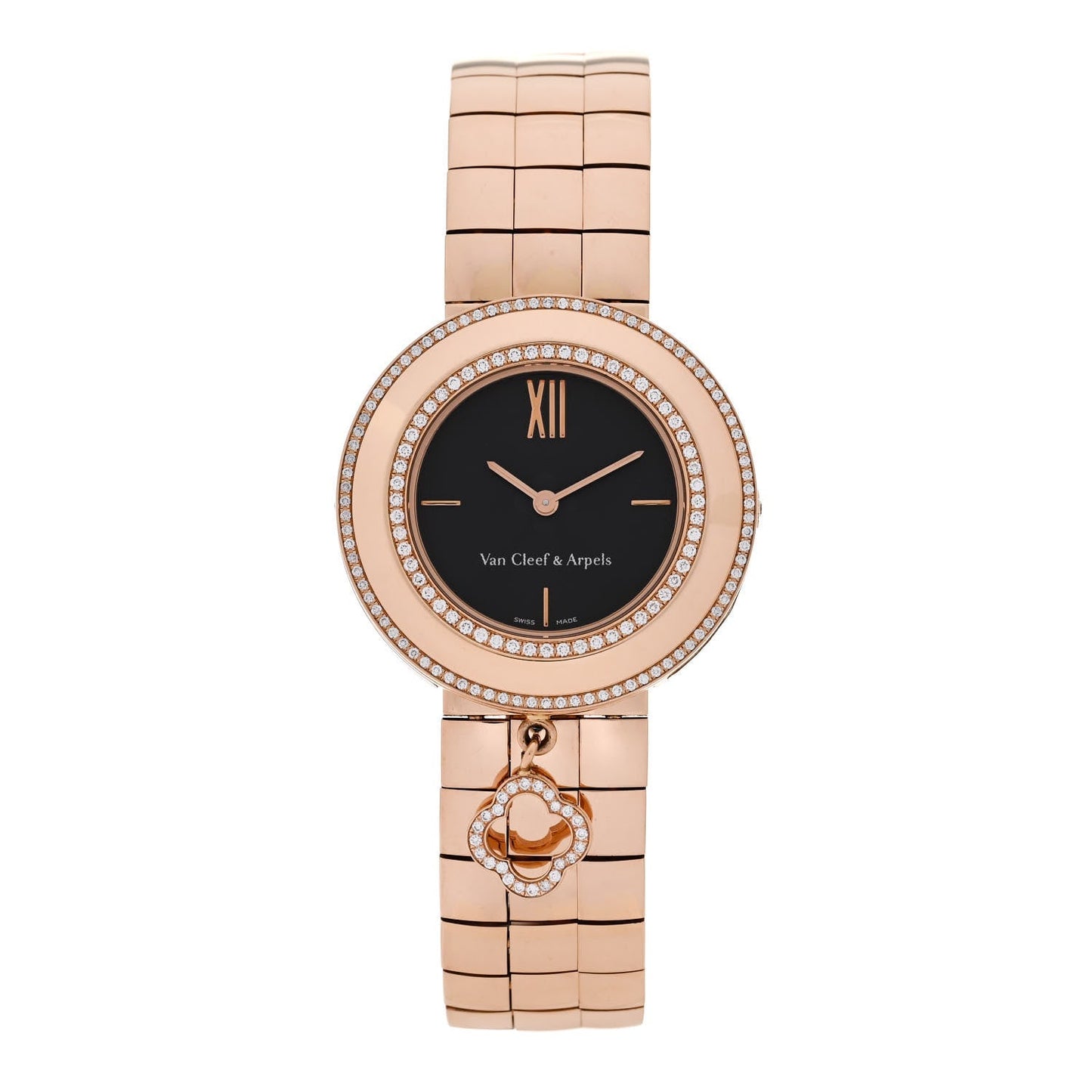 18K Rose Gold Diamond Bezel 32mm Charms Quartz Watch Black