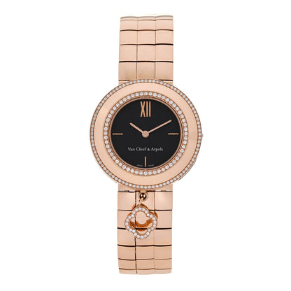 18K Rose Gold Diamond Bezel 32mm Charms Quartz Watch Black