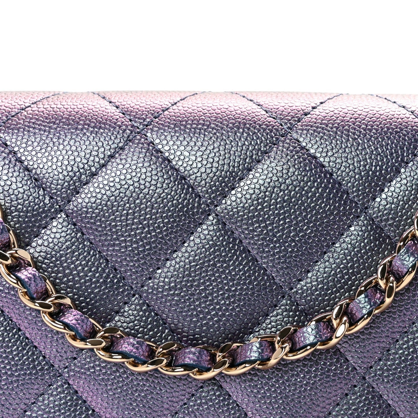 Iridescent Caviar Quilted Wallet on Chain WOC Dark Blue