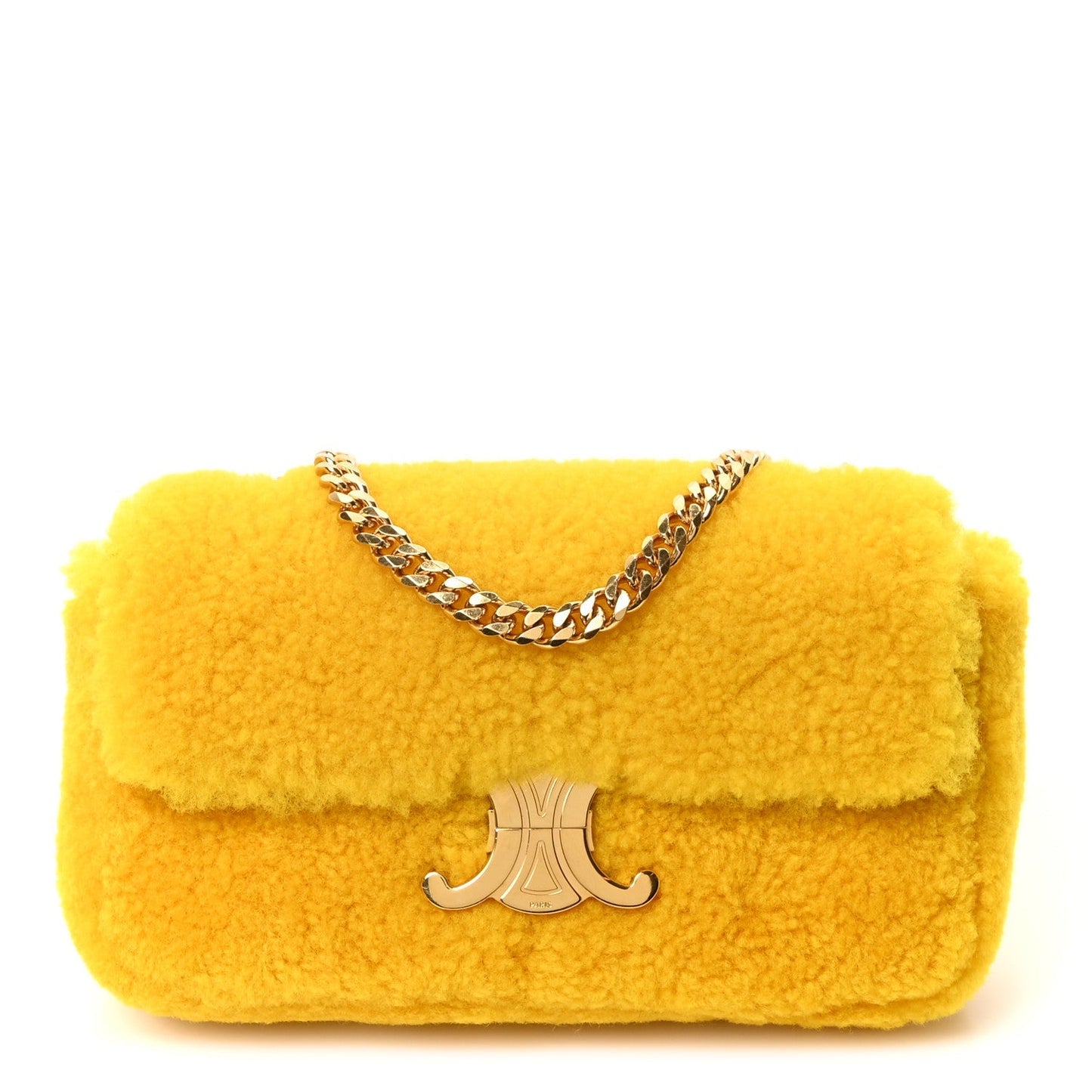 Fluffy Shearling Triomphe Claude Chain Shoulder Bag Yellow