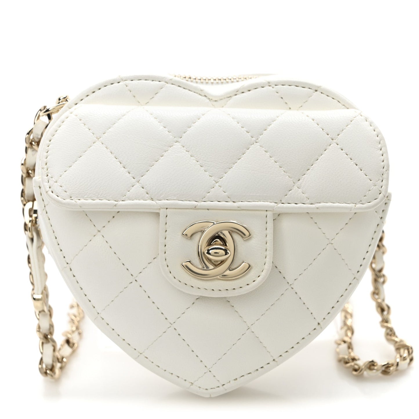 Lambskin Quilted CC In Love Heart Clutch With Chain White