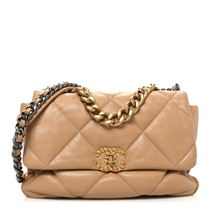 Lambskin Quilted Large Chanel 19 Flap Dark Beige
