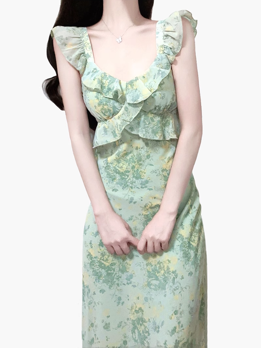 2025 Summer New Green Floral French Tea Break Seaside Vacation Long Dress R0975