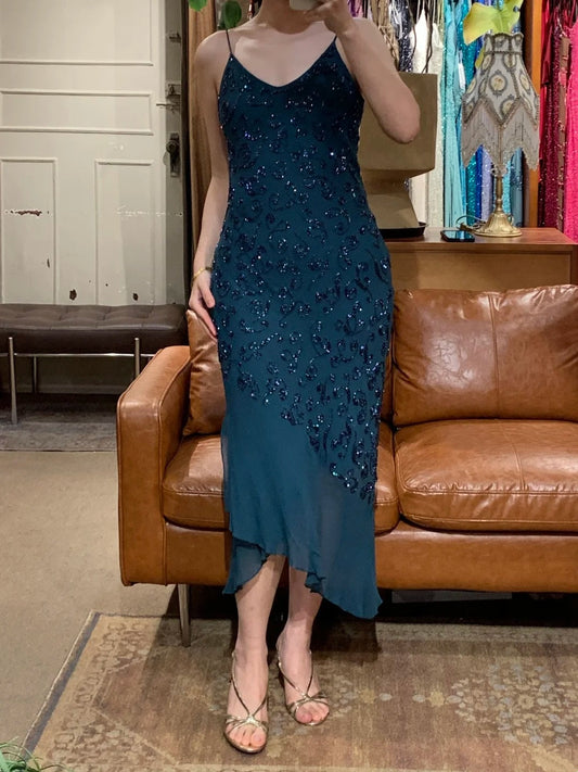 90s Retro Prom Dress Navy Blue Spaghetti Straps Beading Sheath Gala Gown Evening Dress Party Outfits      D5019