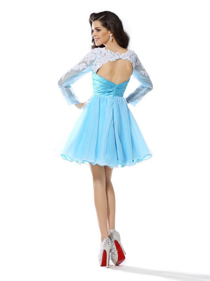 A-Line/Princess Scoop Applique Long Sleeves Short Woven Satin Cocktail Dresses