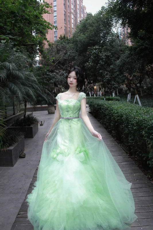 90s Retro Prom Dress Light Green Straps Pleated Tulle Gala Gown Evening Dress Party Outfits      D5020