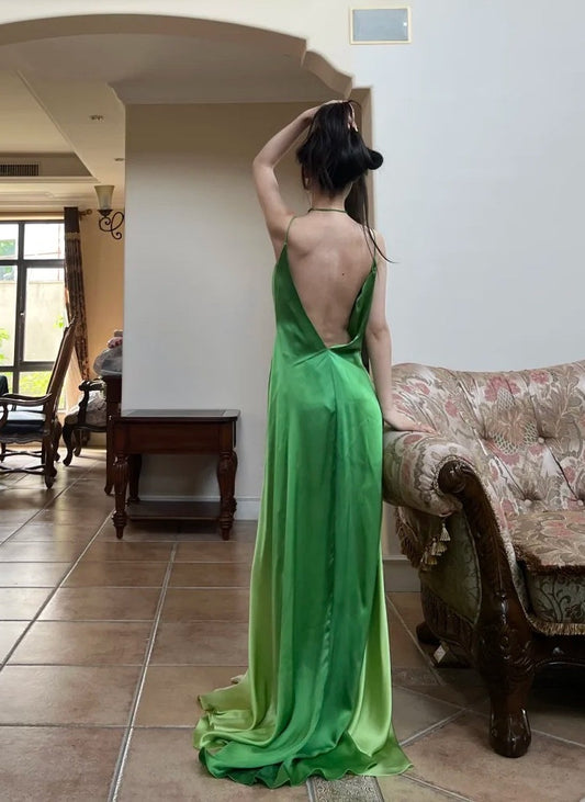 90s Prom Dress Ombre Green Spaghetti Straps Backless Gala Gown Evening Dress Party Outfits      D5023