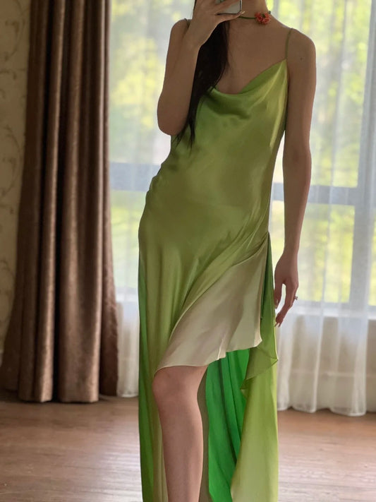 90s Prom Dress Ombre Green Spaghetti Straps Backless Gala Gown Evening Dress Party Outfits      D5023