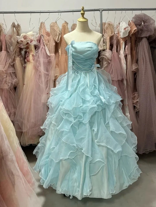 90s Retro Ball Gown Strapless Ruffle Quinceanera Dress Evening Dress Gala Prom Gown       D5045