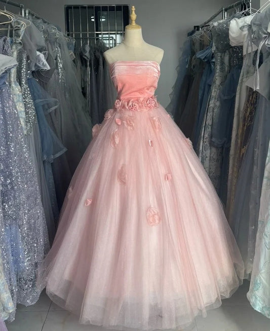 90s Retro Ball Gown Strapless Tulle Pleated Quinceanera Dress Evening Dress Gala Prom Gown       D5046
