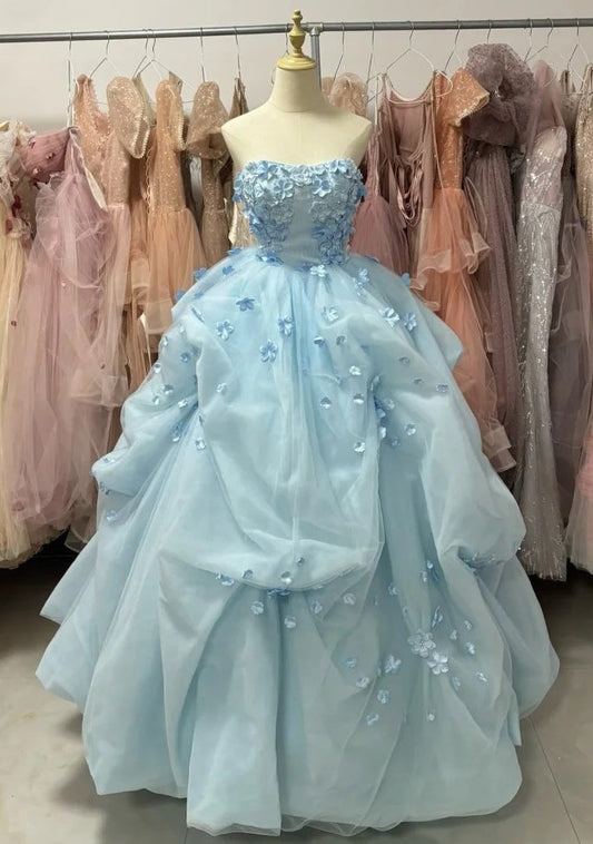 90s Ball Gown Light Blue Sweetheart Pleated Floral Quinceanera Dress Evening Dress Gala Prom Gown       D5047