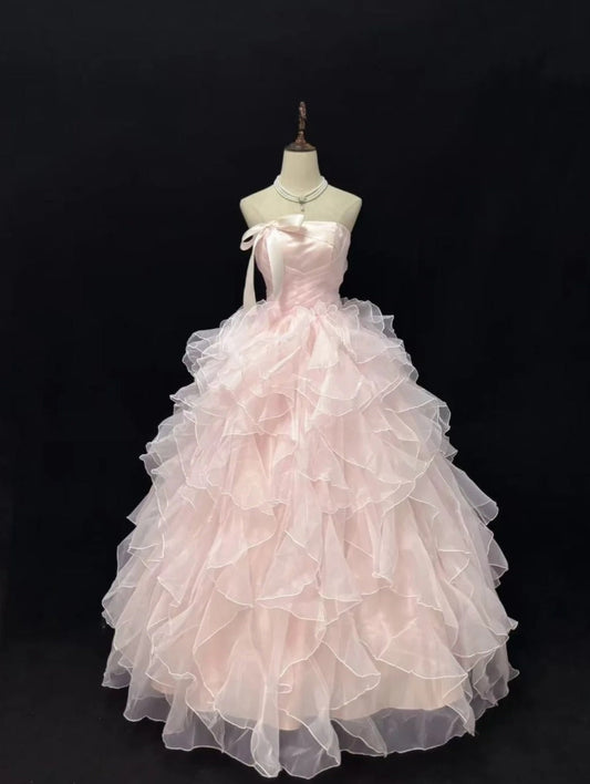 90s Ball Gown Light Pink Strapless Pleated Ruffle Quinceanera Dress Evening Dress Gala Prom Gown       D5048