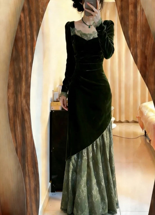 90s Prom Dress Dark Green Velvet Pleated Mermaid Formal Gala Gown Evening Dress Birthday Party Dress     D5077