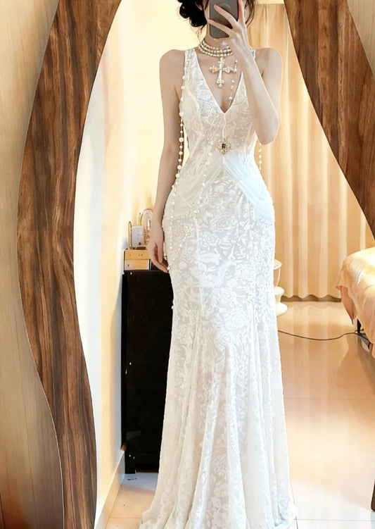 90s Elegant Prom Dress V-neck Pleated Mermaid Formal Gala Gown Evening Dress Birthday Party Dress     D5079