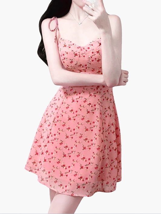 2025 Summer New Pink Floral Tube Top Lace-up Seaside Holiday Suspender Dress R0959