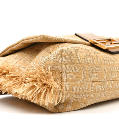 Fabric Jacquard Raffia Straw Fringe Medium Mamma Baguette Beige