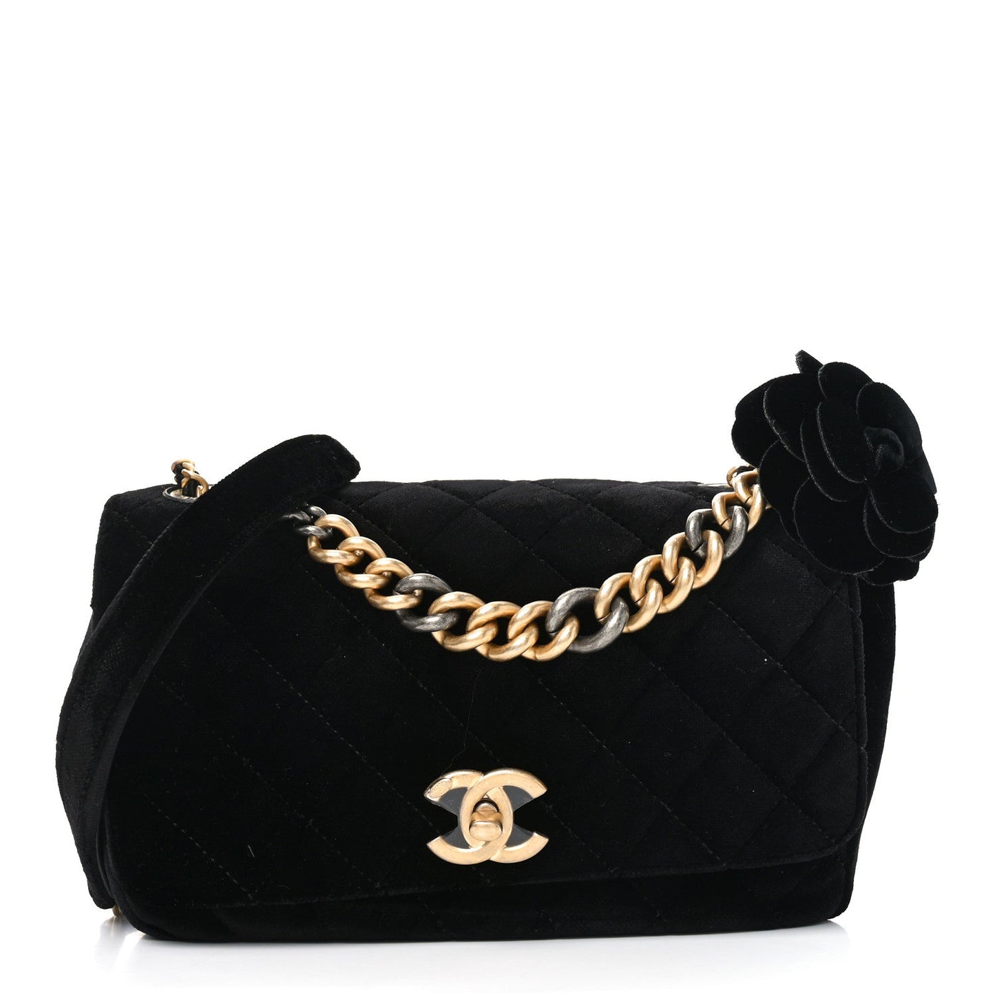 Velvet Quilted Small Camellia Flap Black