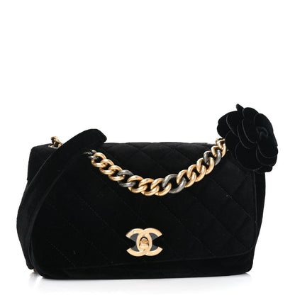 Velvet Quilted Small Camellia Flap Black