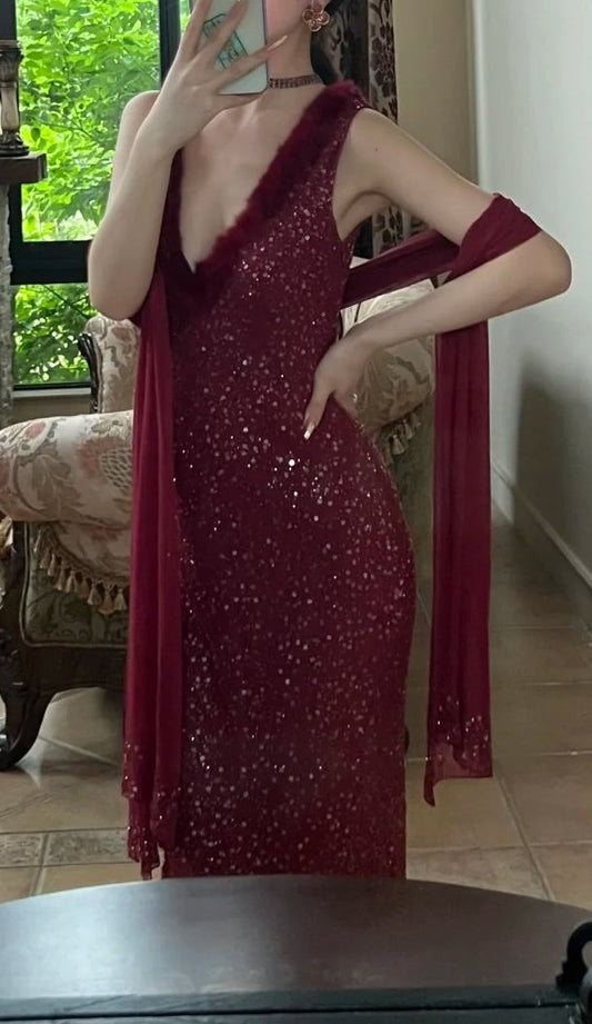 90s Shiny Prom Dress Wine Red V-neck Gala Gown Evening Dress Birthday Party Outfits     D5139