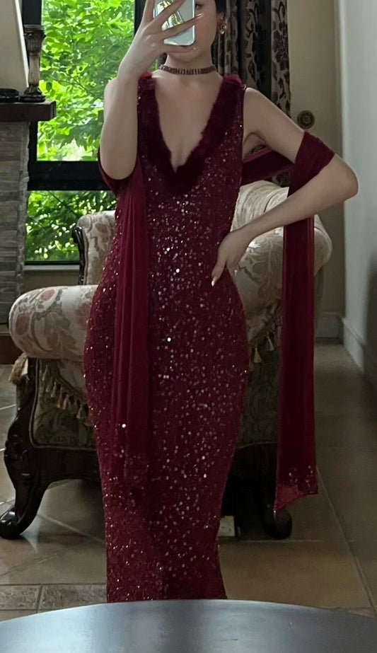 90s Shiny Prom Dress Wine Red V-neck Gala Gown Evening Dress Birthday Party Outfits     D5139