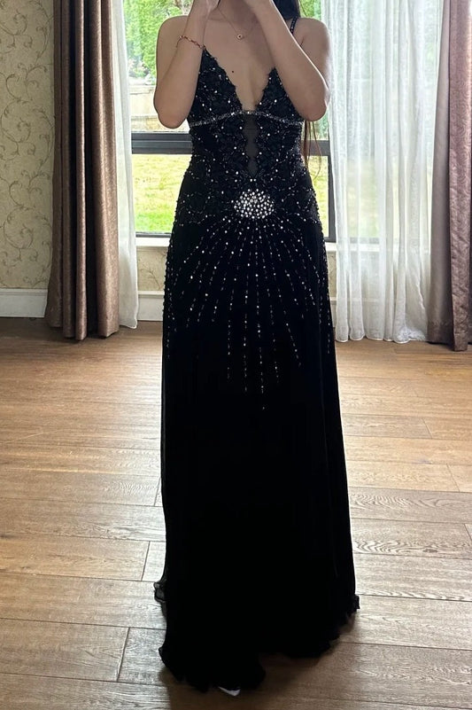 90s Stunning Prom Dress Black Spaghetti Straps Beading Formal Gala Gown Evening Dress Birthday Party Outfits     D5142
