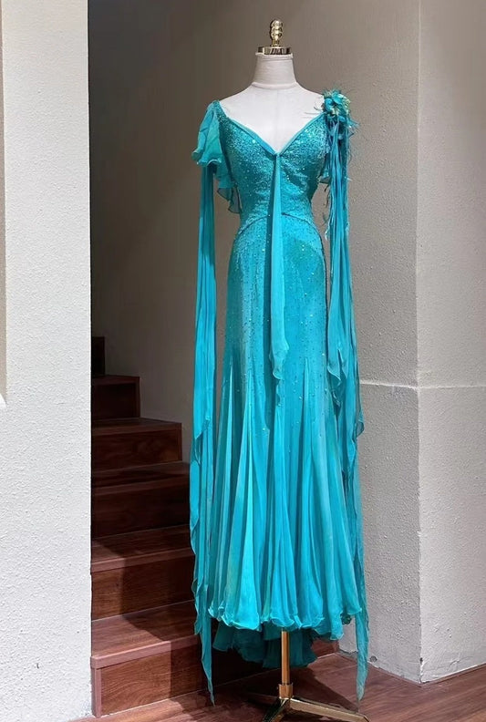 90s Beauty Prom Dress V-neck Beading Pleated Formal Gala Gown Evening Dress Birthday Party Outfits     D5143
