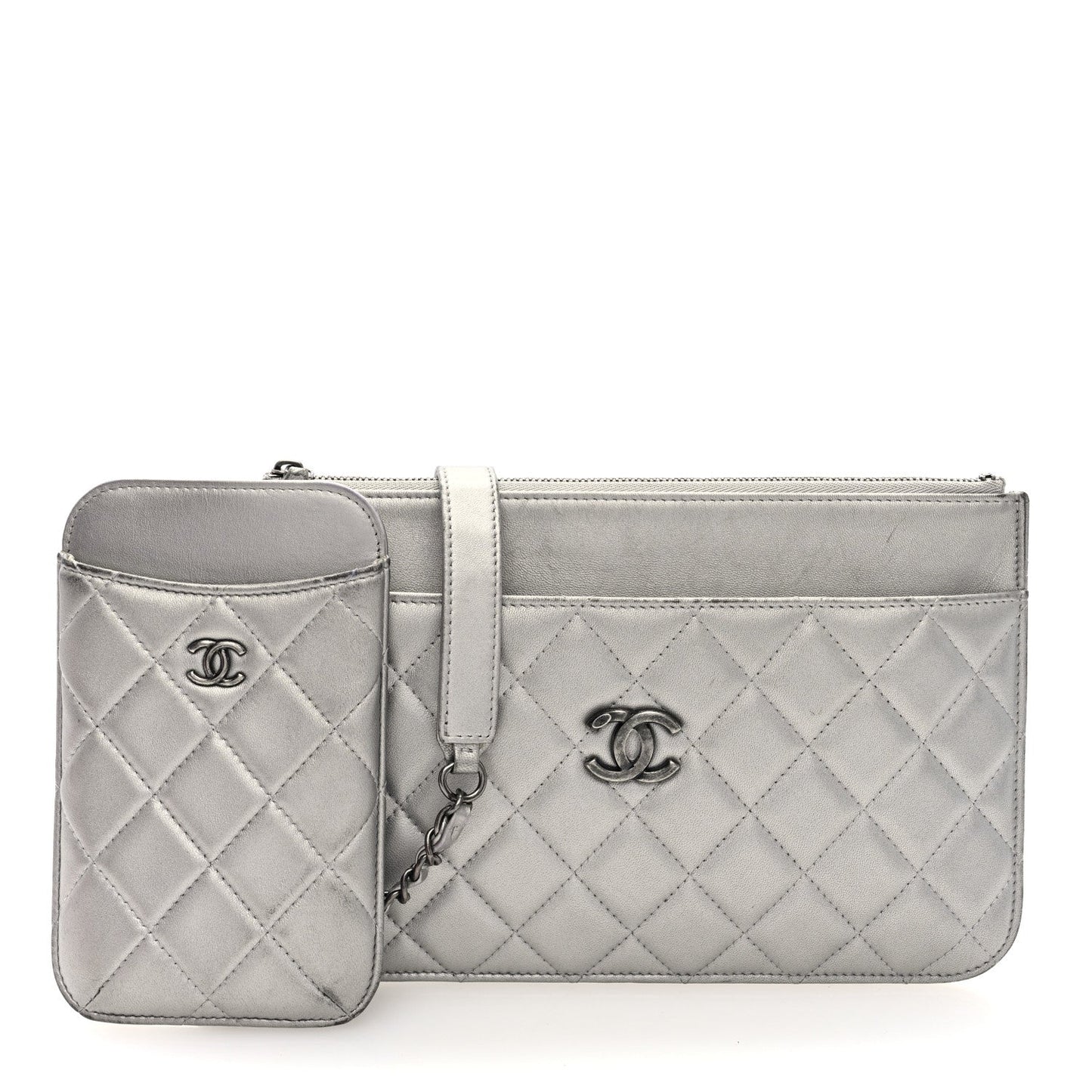 Metallic Lambskin Quilted Clutch With Chain Silver