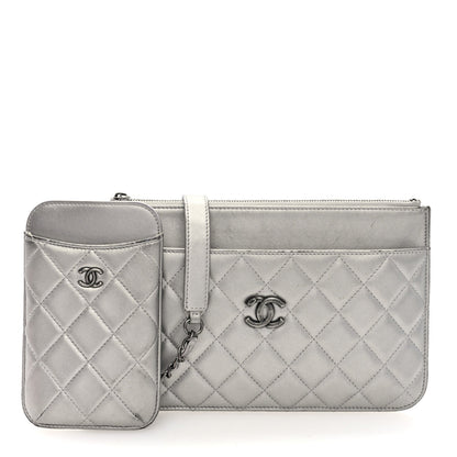 Metallic Lambskin Quilted Clutch With Chain Silver