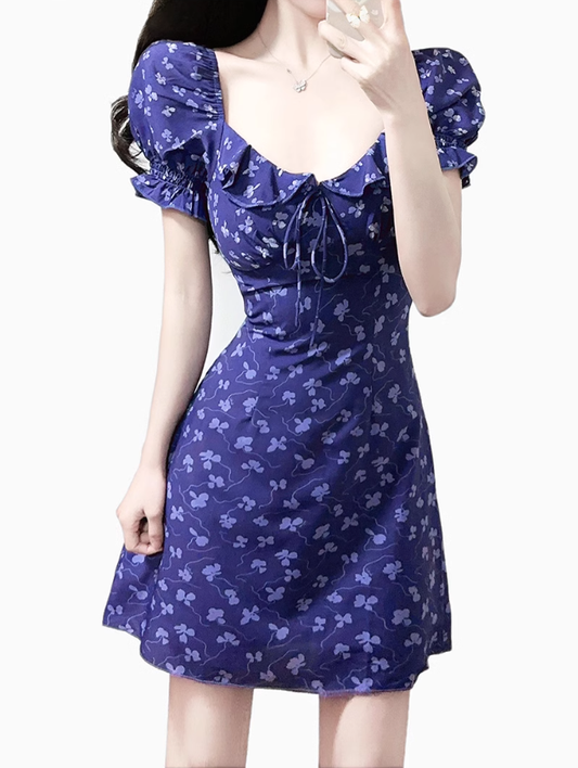 2025 Summer New Purple Floral Square Neck Puff Sleeve Retro A-line Short Dress R0949