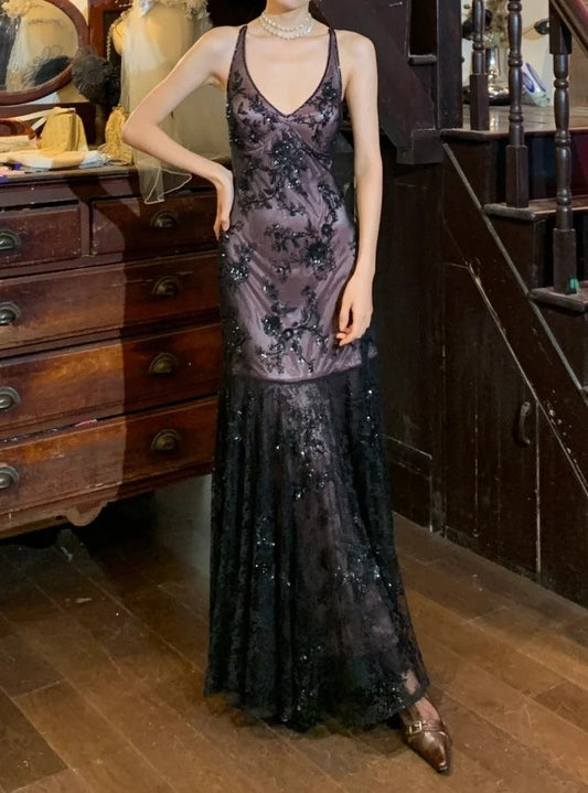 90s Vintage Prom Dress V-neck Mermaid Gala Gown Formal Evening Dress 18th Birthday Party Dress    D5216