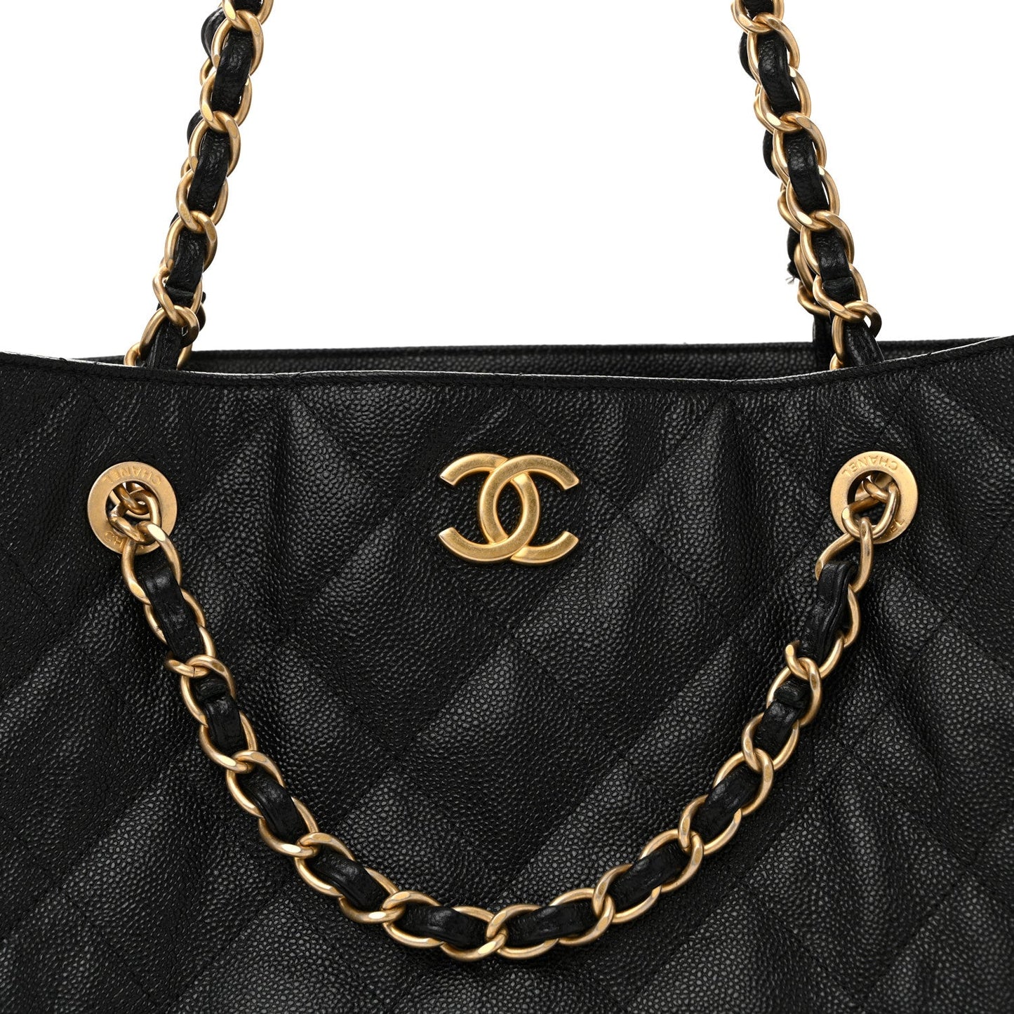 Caviar Quilted Small Trapezoid Chain Shopping Tote Black