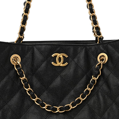 Caviar Quilted Small Trapezoid Chain Shopping Tote Black