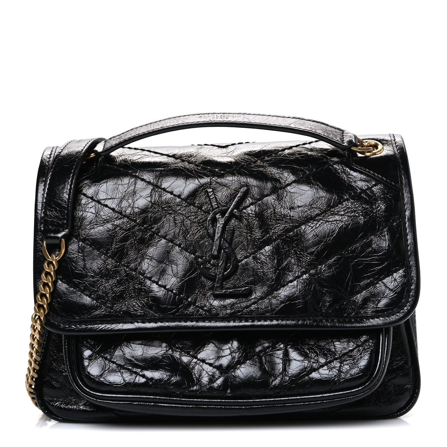 Crinkled Calfskin Matelasse Monogram Baby Niki Chain Satchel Black