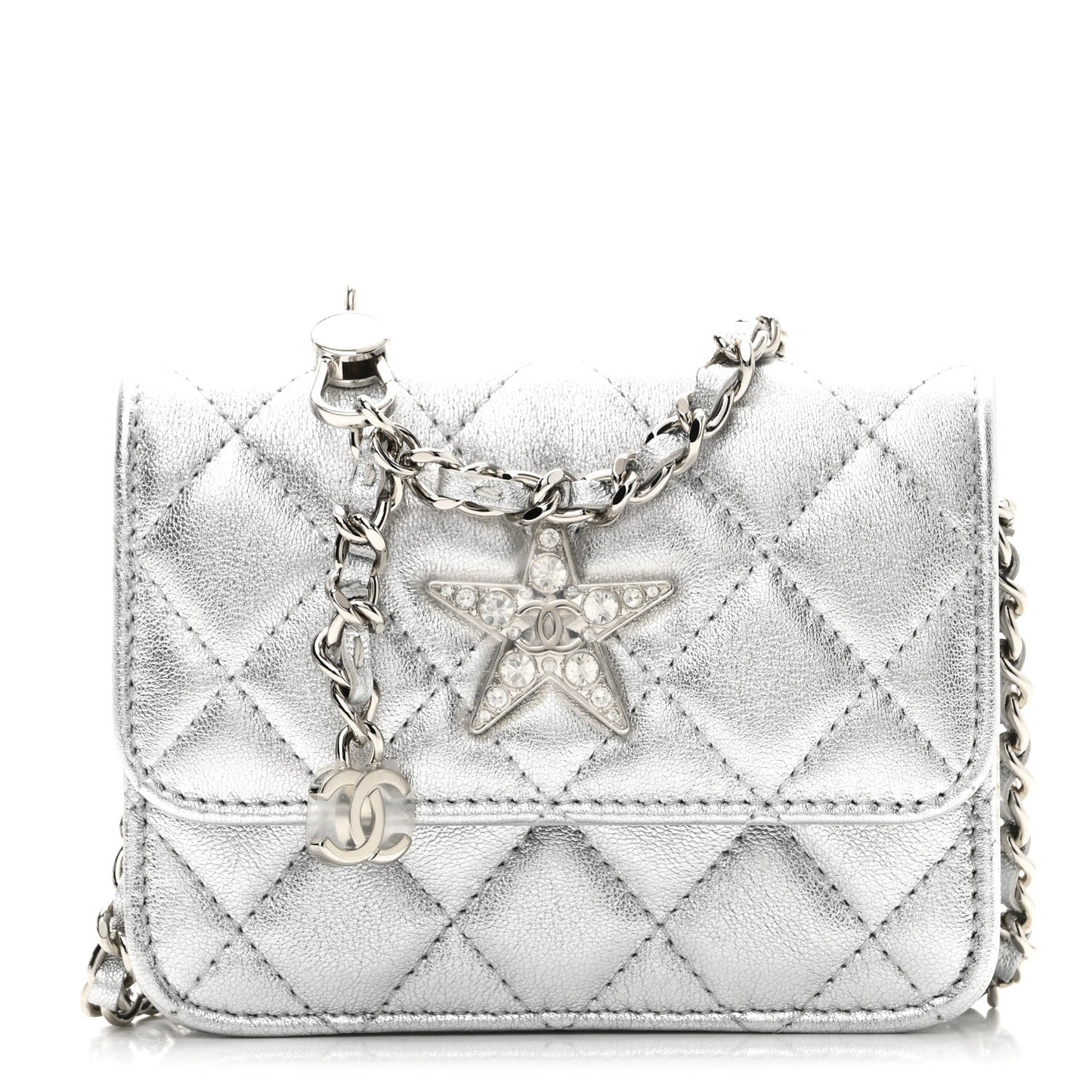 Metallic Lambskin Crystal Quilted Star Chain Belt Bag Silver