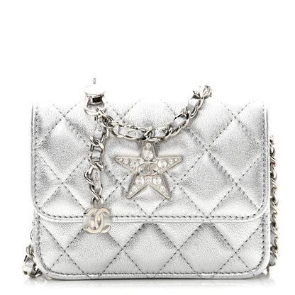 Metallic Lambskin Crystal Quilted Star Chain Belt Bag Silver