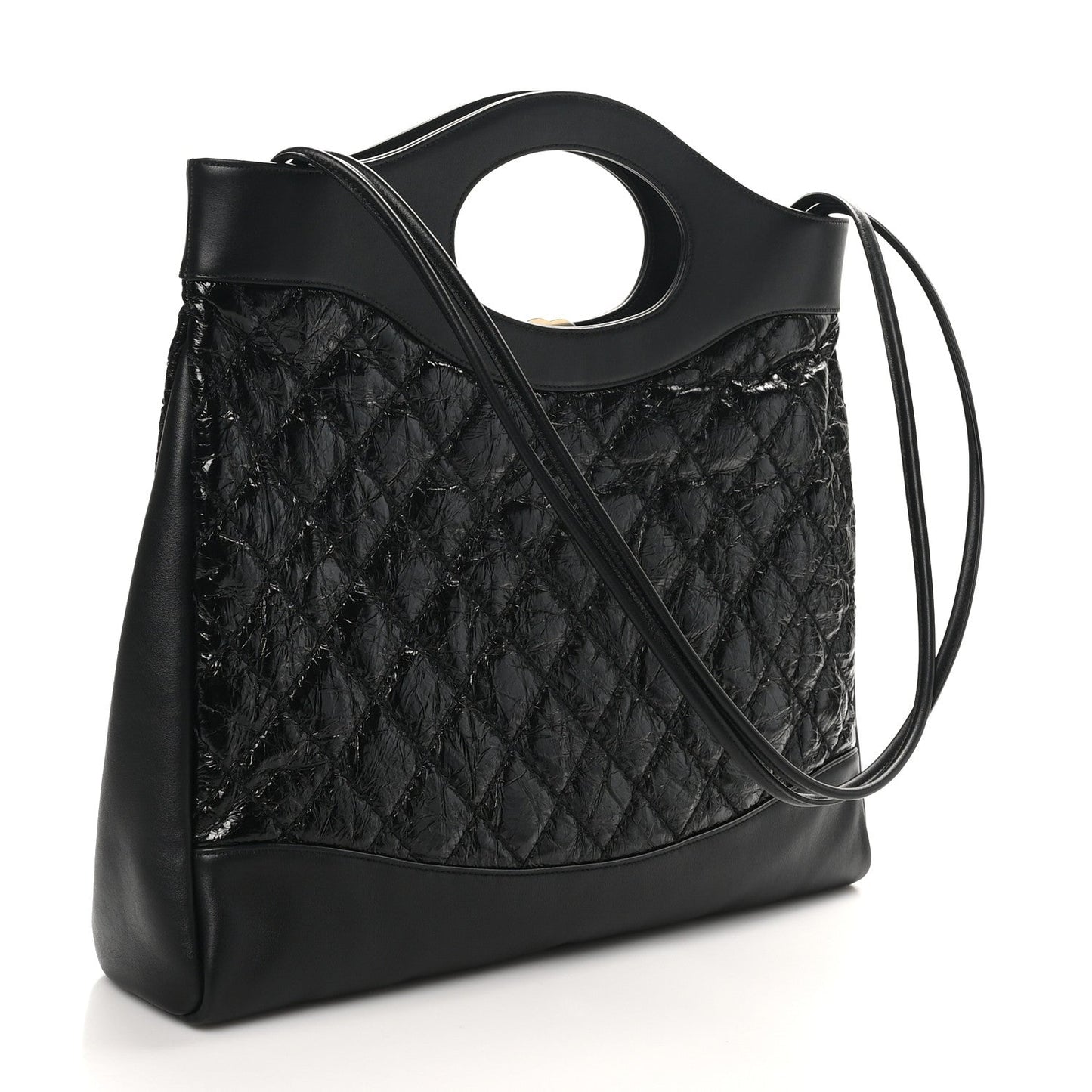 Crumpled Calfskin Quilted 31 Large Shopping Bag Black