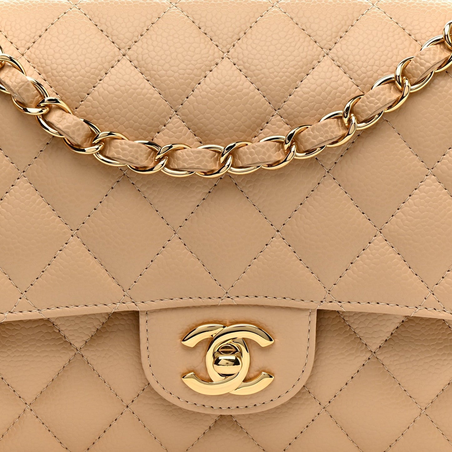 Caviar Quilted Medium Double Flap Beige
