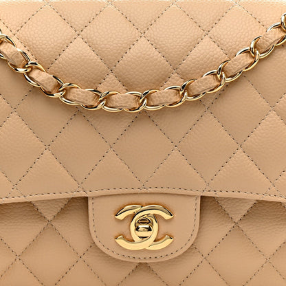 Caviar Quilted Medium Double Flap Beige