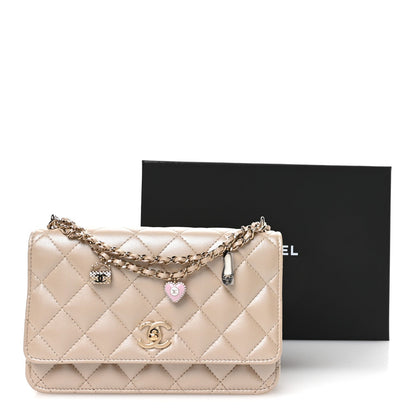 Pearly Lambskin Quilted Charms Wallet On Chain WOC Beige