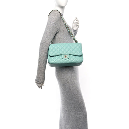 Caviar Quilted Jumbo Double Flap Light Green